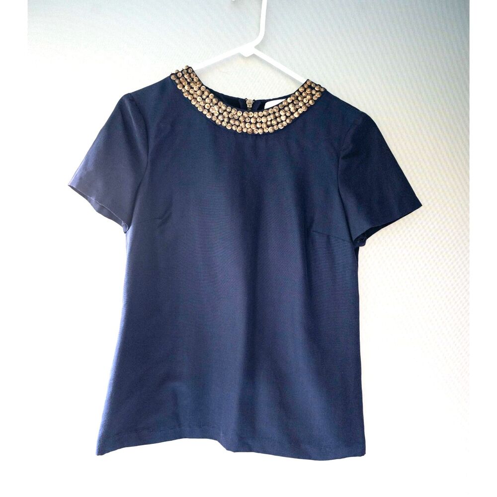 Adam by Adam Lippes Silk Blend Gold Navy Blue Shirt Top with Beaded Collar 6